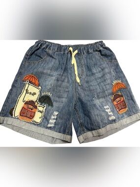 Women’s Denim Patchwork Shorts with Cartoon Embroidery - Blue Sz XL